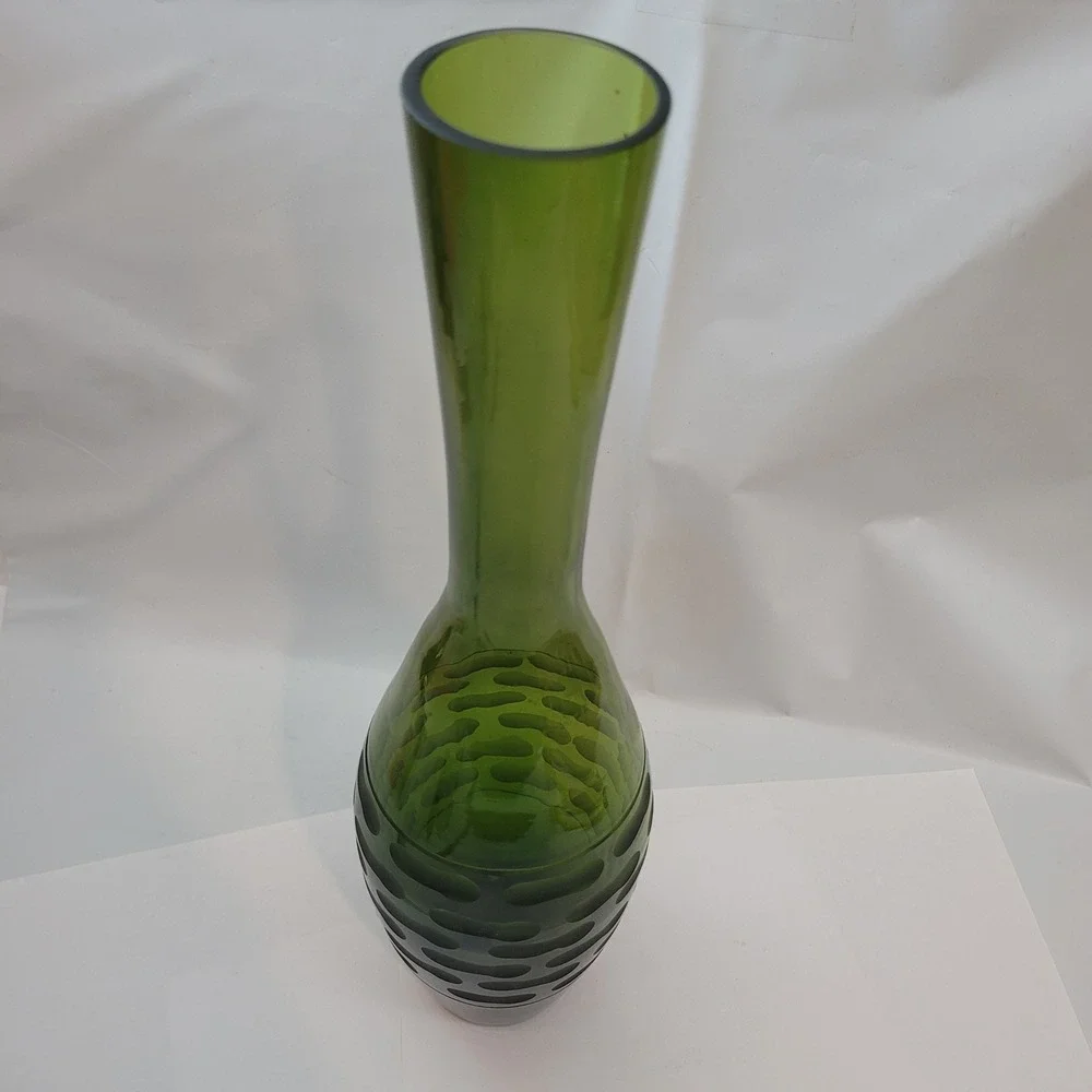 CYS Excel Glassware Hand Blown Glass Vase Olive Green Frosted Oval Pattern 14.5